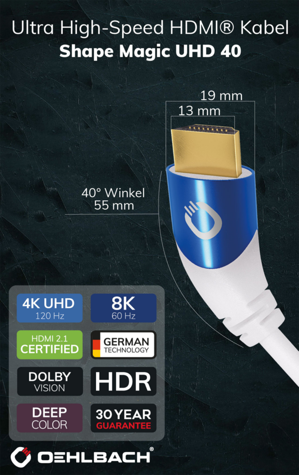 Oehlbach Shape Magic UHD 40 HDMI kaabel, valge